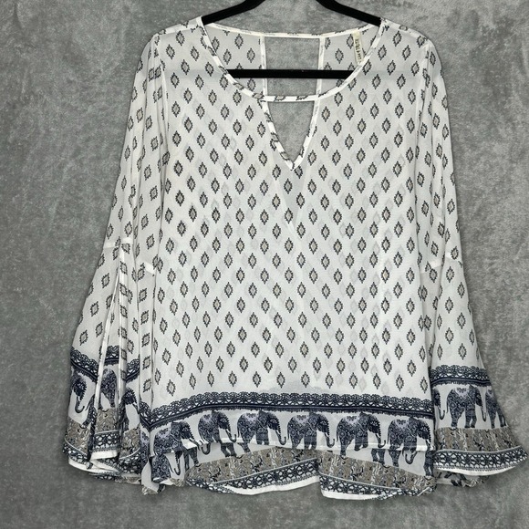 Live & Truth Large Shirt Top White Paisley Slit Long Sleeve Keyhole Scoop Neck - Picture 1 of 9